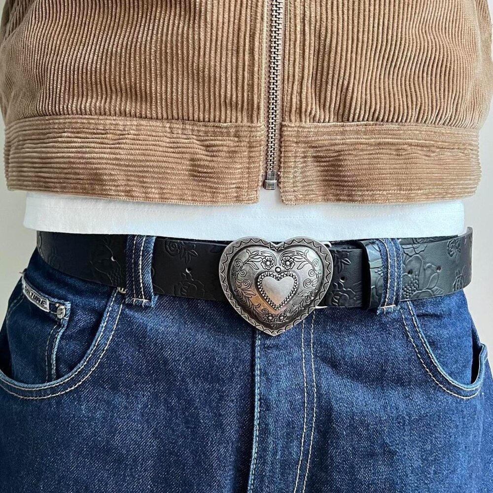 vintage cute heart american western black floral design belt